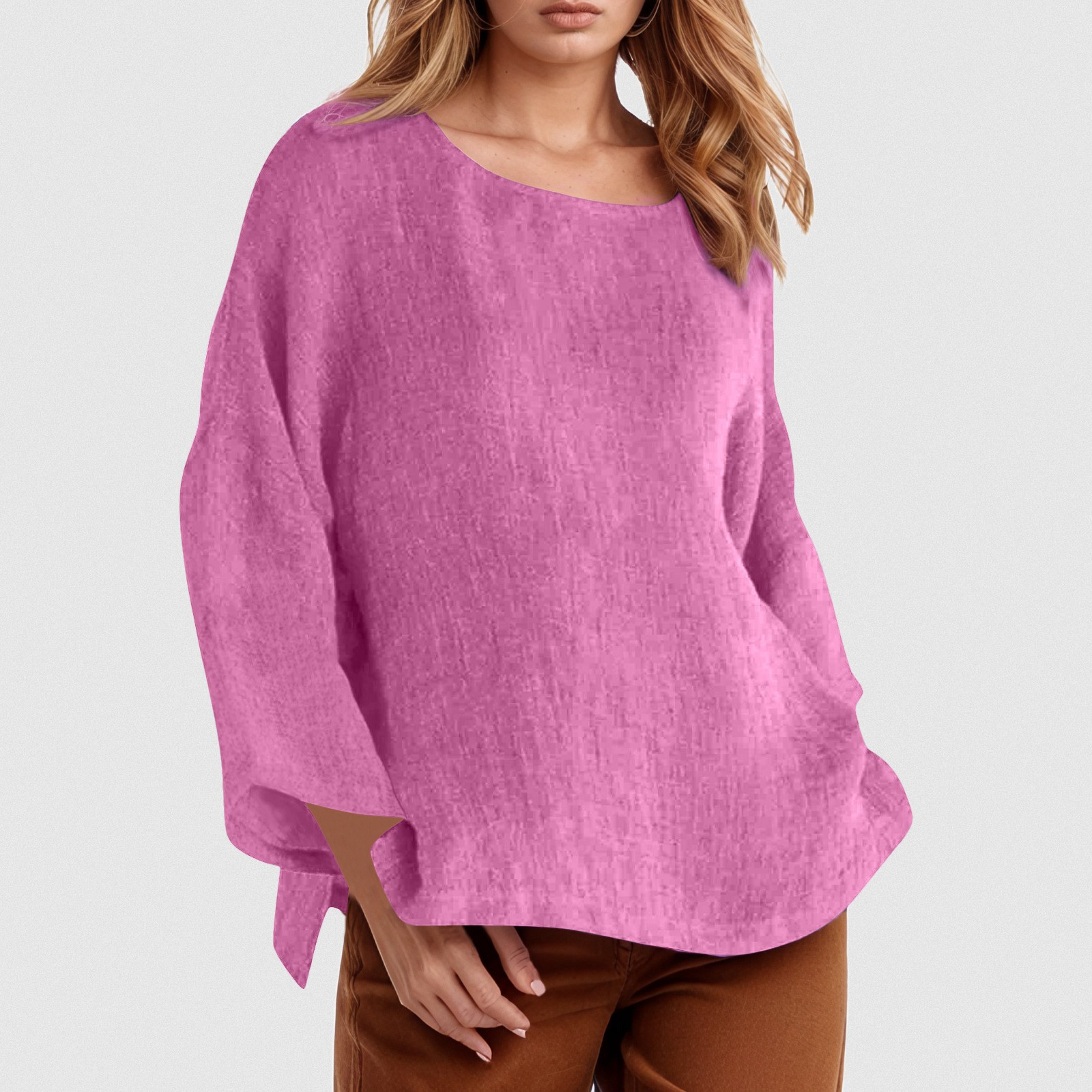 thumbnail image 2 of Camiseta de manga larga y cuello redondo de color liso para mujer: estilo informal y holgado, tejido de poliéster para los días más frescos., 2 of 5